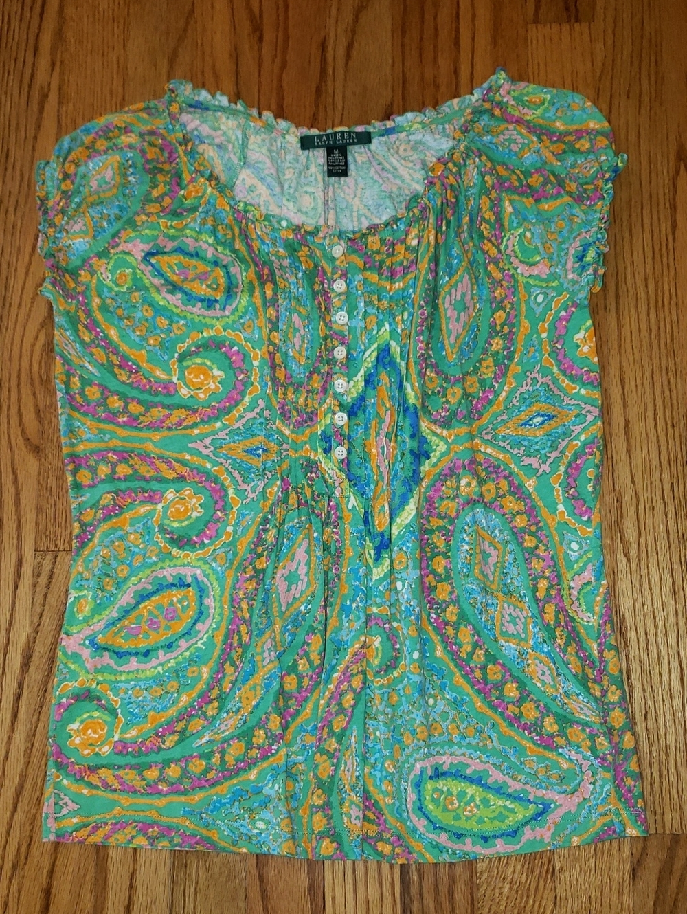 Lauren Ralph Lauren Paisley T-shirt Top- Green Base W/Multicolored Print -Med